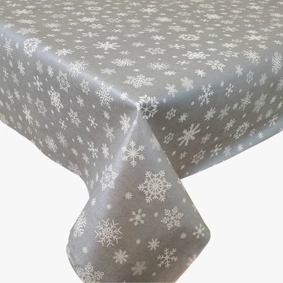 Christmas Silver Grey Textured Feel White Snowflake PVC Plastic Vinyl Tablecloth - Image 1 of 4