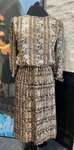 VTG Damon 80s  Brown Paisley Pleated Secretary Dress Poly Satin Size 10 Midi - Picture 1 of 15