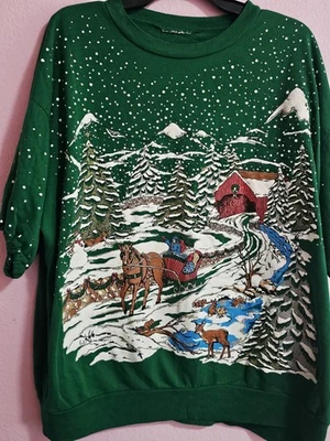 Vintage NutCracker Green Christmas Sleigh Ride Short Sleeve Sweatshirt 90s  XL  - Image 1 of 4