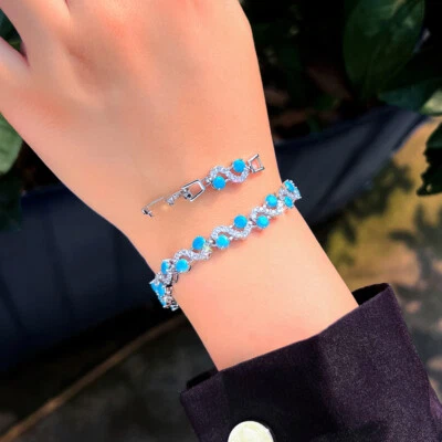 Покрытый серебром синий бирюзовый круглый кубический цирконий волна браслет для женщин - Изображение 1 из 4