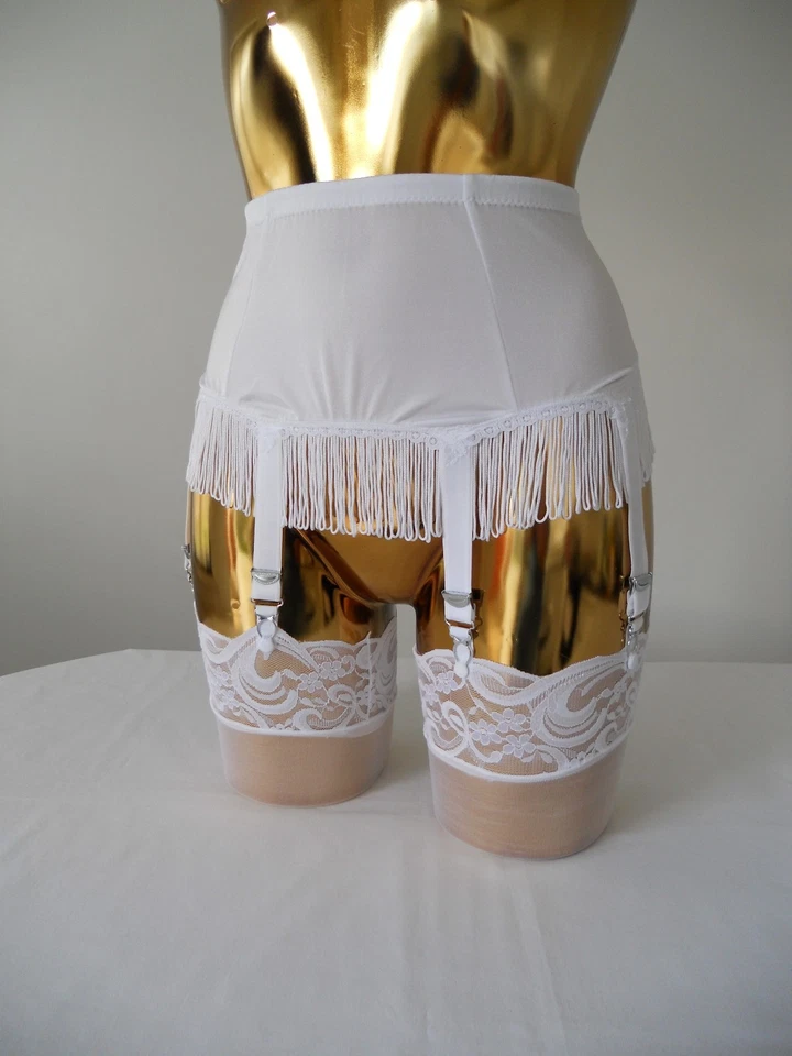 Xs Weiß Lycra Quaste Saum 6 Band Designer Retro Hüftgürtel 61-66cm taille - Bild 1 von 4