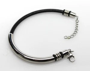 Black Leather & Stainless Steel Bracelet, 6 inches w/ 1.25 extender - Picture 1 of 3
