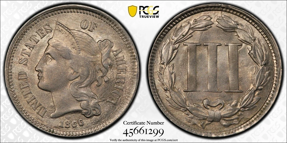 Liberty Head 1866 3 centavos graduación profesional MS63  Foto 1 de 2