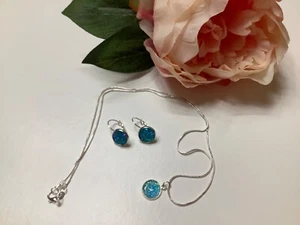 Schmuckset 🤩🤩🤩 Ohrringe und Kette+Anhänger Modeschmuck /Silber Blau Cabochons - Bild 1 von 5