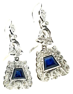 ZAFIROS + DIAMANTES NATURALES TRAPEZOIDALES ~ Oro de 18 quilates ~ De colección ~ PENDIENTES HECHOS A MANO ~ - Imagen 1 de 12