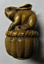 Carved & Signed Wooden Japanese Netsuke of Bunny Rabbit Hare On Woven Basket
