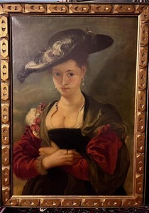 Antique Painting Le Chapeau de Paille Susanne Lunden After Peter Paul Rubens Oil - Picture 1 of 6