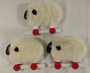 Vintage Wooly Fleece Sheep Lamb Christmas Ornaments on Red Wheels Set of 3 - Picture 1 of 6