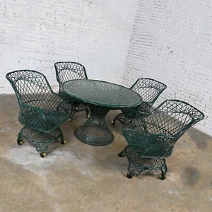 MCM Spun Fiberglass Forest Green Outdoor Dining Table & 4 Armchairs on Casters - Picture 1 of 17
