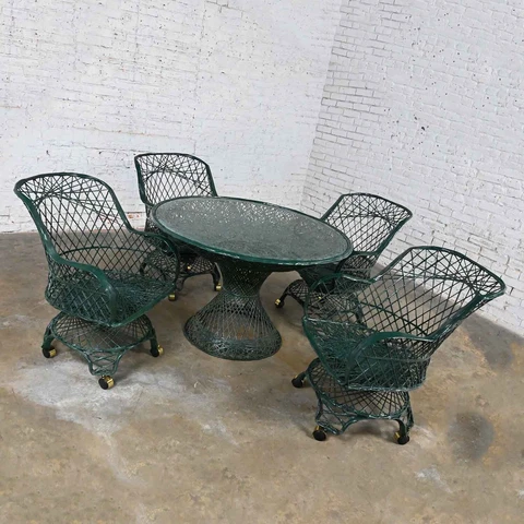 MCM Spun Fiberglass Forest Green Outdoor Dining Table & 4 Armchairs on Casters Cover