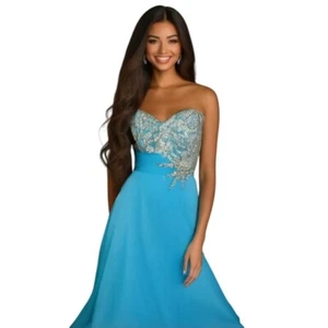 Tony Bowls Strapless Sweetheart Rhinestone Evening Long Gown Blue Size 6 Prom - Picture 1 of 13