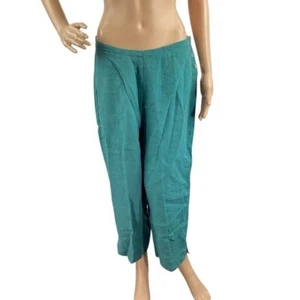 Cut Loose Linen Crop Pants Teal Green Pull-On Elastic Waist Medium - Picture 1 of 7