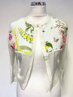 TED BAKER GREEN WITH SILK FLORAL PRINT TRIM  3/4 SLEEVE CARDIGAN SIZE 1 UK 8/10 - Image 1 of 4