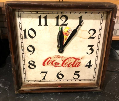 VERY RARE VTG. Coca-Cola  Wood Frame Clock with Sprite Mascot 17" x  17" READ - Image 1 of 4