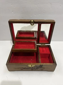 Vintage Hand Carved Asian Dragons Wood Jewelry Trinket Box With Mirror! - Picture 1 of 15