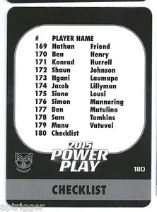 2015 NRL Power Play Base Card (180) Warriors Check List - Picture 1 of 1
