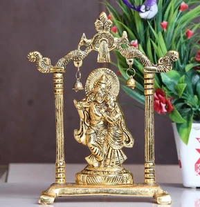 Estatua de metal Radha Krishna chapada en oro decora tu hogar, pieza de exhibición de ídolo de oficina - Imagen 1 de 3