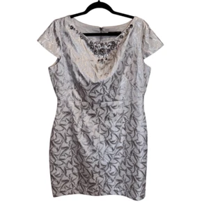 NWT- Eliza J - Gold Cream Shimmer Jeweled Short Sleeve Cocktail Dress, Size 16 - Picture 1 of 11