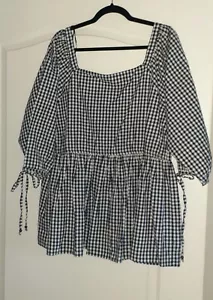 ROMANTIC GYPSY 1X Navy White Checkered Top 3/4 Balloon Sleeves Gathered Waist - Picture 1 of 4