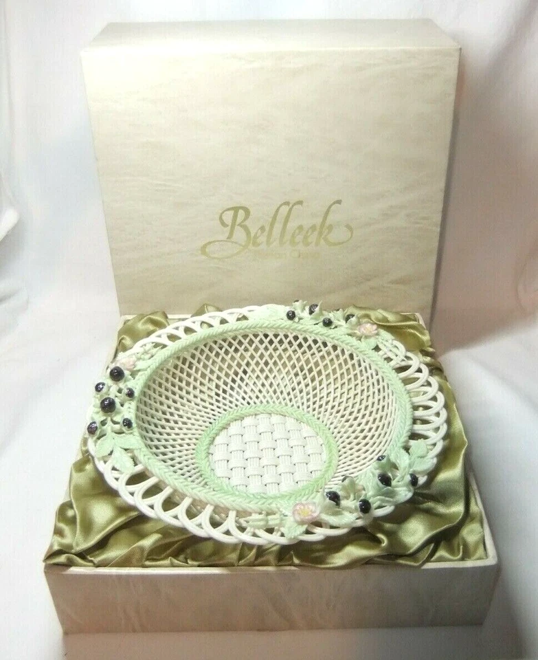 Belleek Porcelain Basket Bowl Berries Flowers Floral Basket Weave Irish Boxed - Image 1 of 4