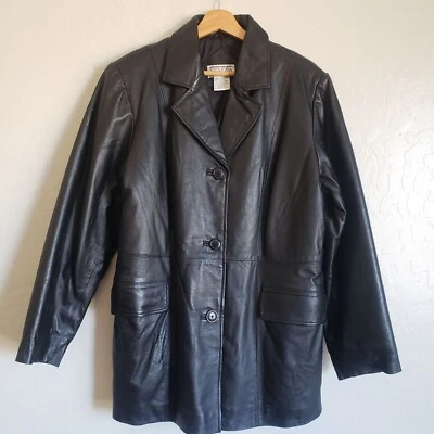 Venezia Vintage Leather Blazer Jacket Coat Solid Black Size Women's XL Y2K 90's - Image 1 of 4