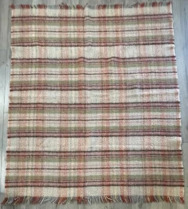VINTAGE WOVEN WOOL PLAID BLANKET BROWN PINK GREEN - Picture 1 of 2