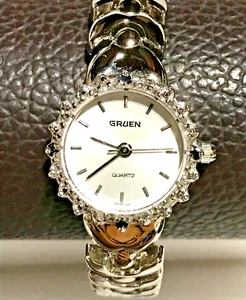 Vintage Gruen Quartz Genuine Diamonds Blue Sapphire Ladies Dress Watch Works - Picture 1 of 21