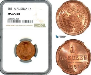 AK200, Austria, Franz Joseph, 1 Kreuzer 1851 A, Vienna Mint, NGC MS65RB, Top Pop - Picture 1 of 1