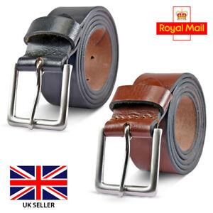 Mens Genuine FULL GRAIN Classic Leather Belt Belts Casual Jean Buckle Brown UK