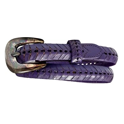 NOS Vtg 90's Women PURPLE Punchout Cowboy Western Leather Skinny Belt 24-26 - Image 1 of 4