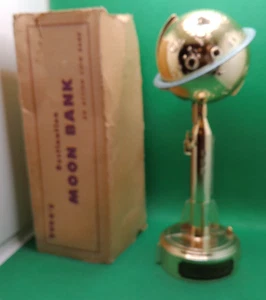 Duro Moon 1960s rocket USA metal coin bank golden 1st Coffeyville KS Mercury Box - Picture 1 of 9