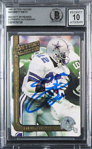 Cowboys Emmitt Smith Signed 1991 Action Packed #59 Card Auto 10! BAS Slabbed