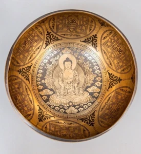 9 Zoll Buddha Schnitzerei Handarbeit Klangschale - Klangheilung, Sri Yantra geschnitzt - Bild 1 von 4