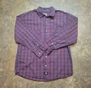 Dickies Full Snap Plaid Shirt Mens Large L Red Black Long Sleeve Workwear - Picture 1 of 12