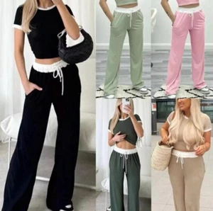 Ladies Women's ribbed contrast cap sleeve crop top trouser two piece - Picture 1 of 28