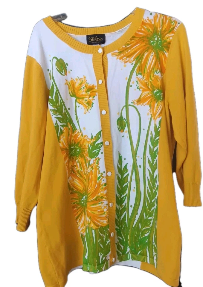 Suéter vintage feminino XL BOB MACKIE arte vestível estampa floral manga 3/4 - Imagem 1 de 4
