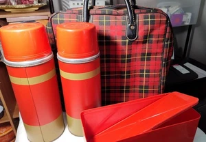 NROR Vintage ALADDIN TWO 12" THERMOS PICNIC SET w/FOOD STORAGE, Carrier Bag RED - Picture 1 of 11