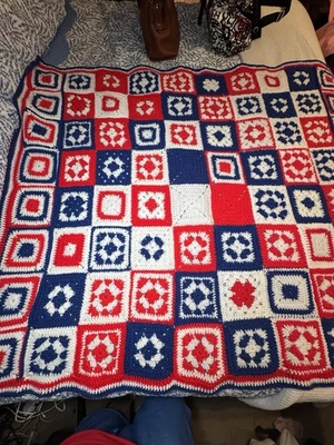 Manta afgana vintage tejida a mano abuela cuadrada roja blanca y azul doble 60x50 Foto 1 de 4