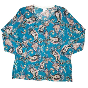 Garnet Hill Merino Wool Cardigan Womens XL Blue Paisley Lightweight Boho Preppy - Picture 1 of 13