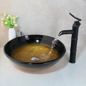 FA Lavabo Bagno Rotondo Miscelatore Lavabo Bambù Cascata Nero Rubinetto Pop Up Scarico - Foto 1 di 11
