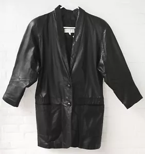 Vintage 80s Black Leather Shoulder Pads Coat Womens Sz S Glam Rock - Picture 1 of 10