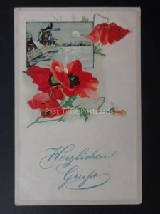 Poppies HERZLICHEN Poppies & Windmill Scene - Old Embossed Postcard - Picture 1 of 2