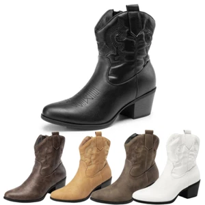 Women Western Cowboy Boots Low Chunky Heel Round Toe Side Zipper Ankle Boots - Picture 1 of 27
