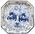 Antique Chinese Plate Octagonal Blue & White Double Dragon Keyfret