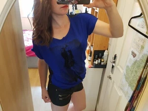 royal blue print top tee tshirt blouse lady print mesh back panel S - Picture 1 of 8