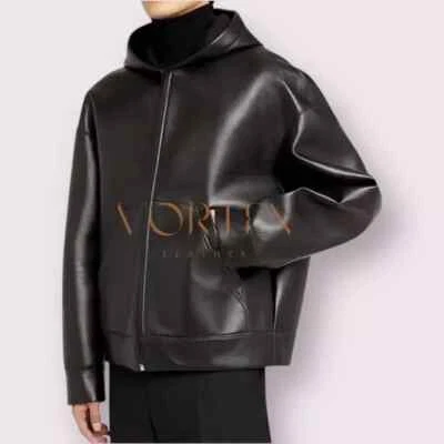 Men's Black Leather Hoodie Genuine Lambskin Leather Hoodie Front Zipper Style co - Image 1 of 4