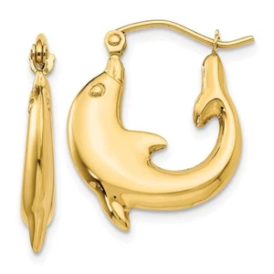 Real 14kt Yellow Gold Polished Dolphin Hoop Earrings - Picture 1 of 6