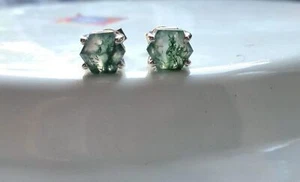 Pendientes hexagonales de ágata de musgo de oro amarillo Vermeil sobre... - Imagen 1 de 3