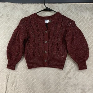 Old Navy Girls 6 Cardigan Sweater Maroon Red Glitter Puff Sleeve Button Front - Picture 1 of 13