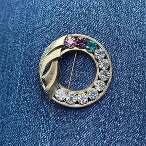 Vintage Catamore 12K Gold gefüllt mehrfarbig Strass Kreis Brosche Anstecknadel - Bild 1 von 4